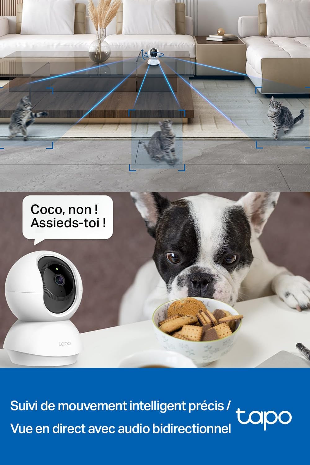C200 Caméra Surveillance Wifi Intérieure 360° 1080P, Vision Nocturne, Notifications En Temps Réel, Détection De Personne, Suivi De Mouvement, Télécommande, Compatible Avec Alexa