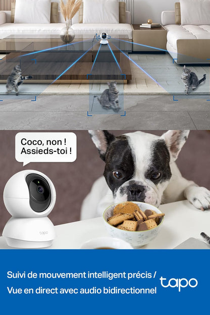 C200 Caméra Surveillance Wifi Intérieure 360° 1080P, Vision Nocturne, Notifications En Temps Réel, Détection De Personne, Suivi De Mouvement, Télécommande, Compatible Avec Alexa