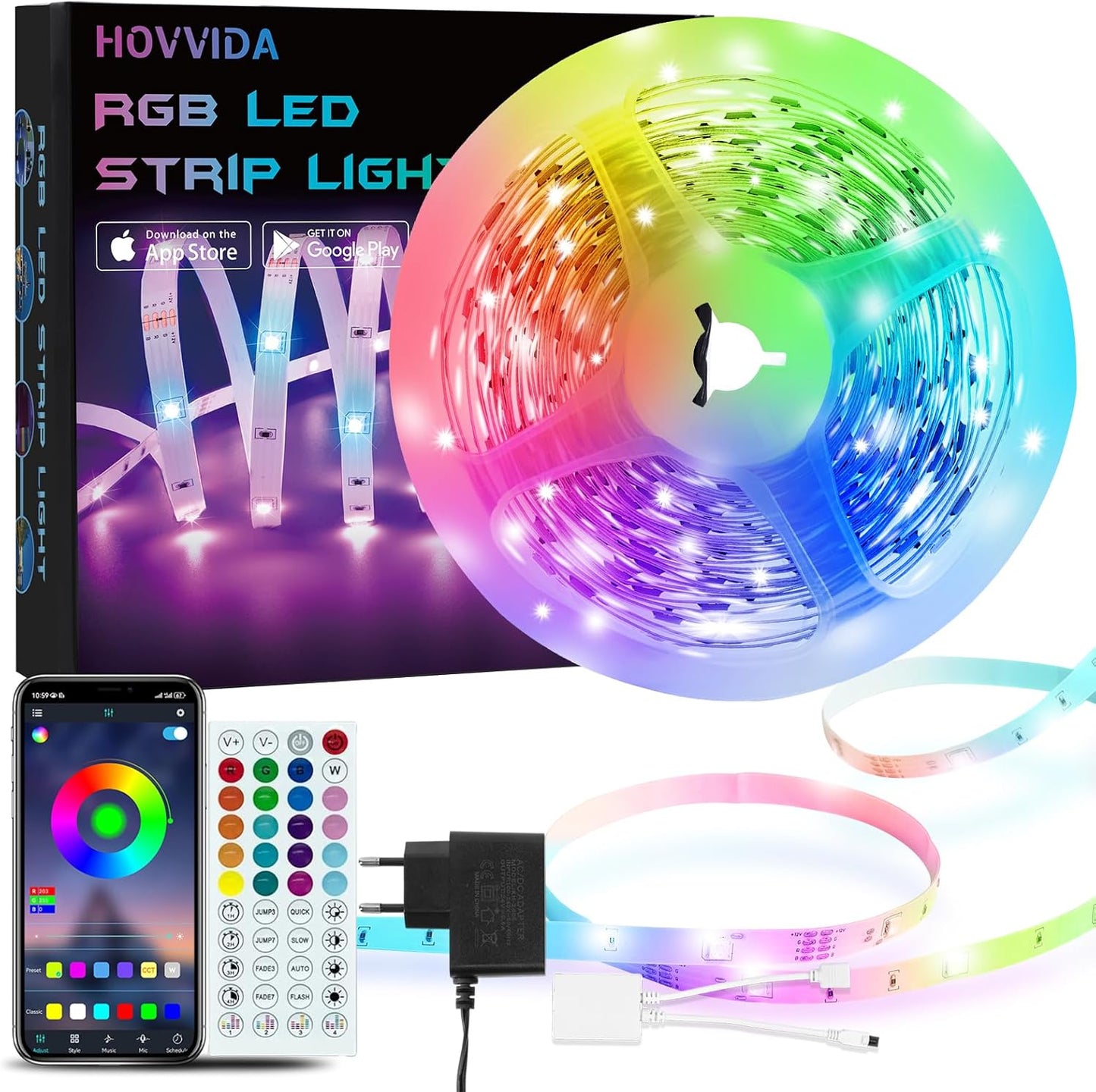 HOVVIDA Ruban LED 5M, 30 Led/Mètre, 24V RVB Bande LED, 150 LED, APP Et Télécommande, Synchronisation De La Musique, Mode Minuterie, Pour Chambre, Salle De Jeux, Fête, Festival