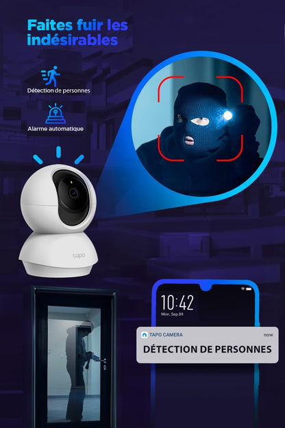 C200 Caméra Surveillance Wifi Intérieure 360° 1080P, Vision Nocturne, Notifications En Temps Réel, Détection De Personne, Suivi De Mouvement, Télécommande, Compatible Avec Alexa